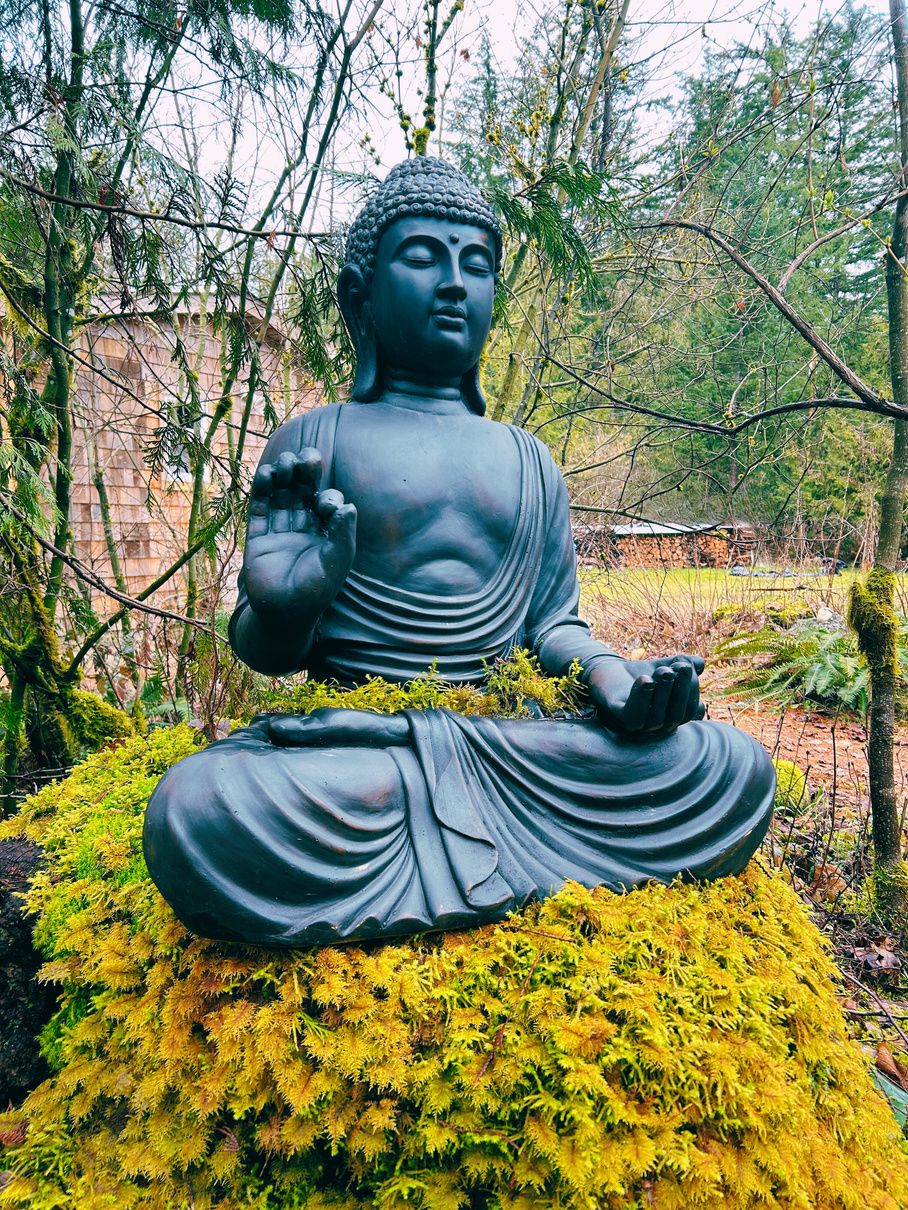 A stone Buddha resting on mossy forest ground
