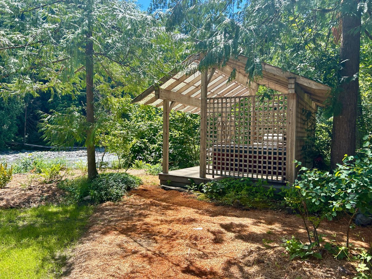 The riverside gazebo among tall evergreens