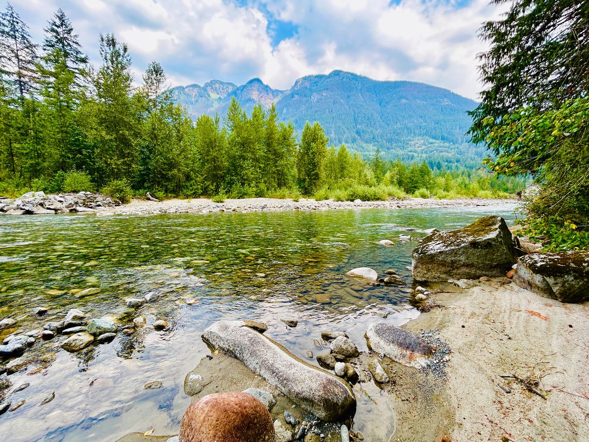 The turquoise river backed by forested mountains