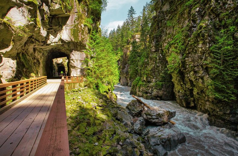 The boardwalk through the dramatic canyon at the Othello Tunnels